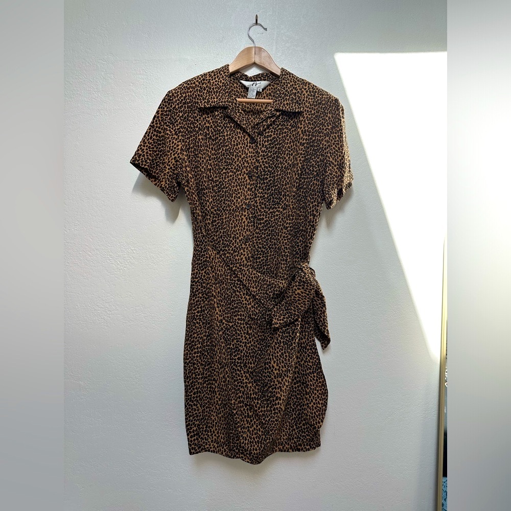 Vintage 100% Silk Brown Animal/Leopard Print Button Shirt Wrap Dress